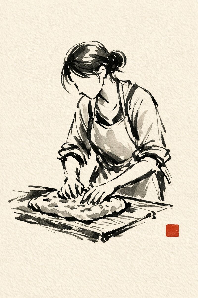 Ink sketch of a baker working focaccia dough by hand